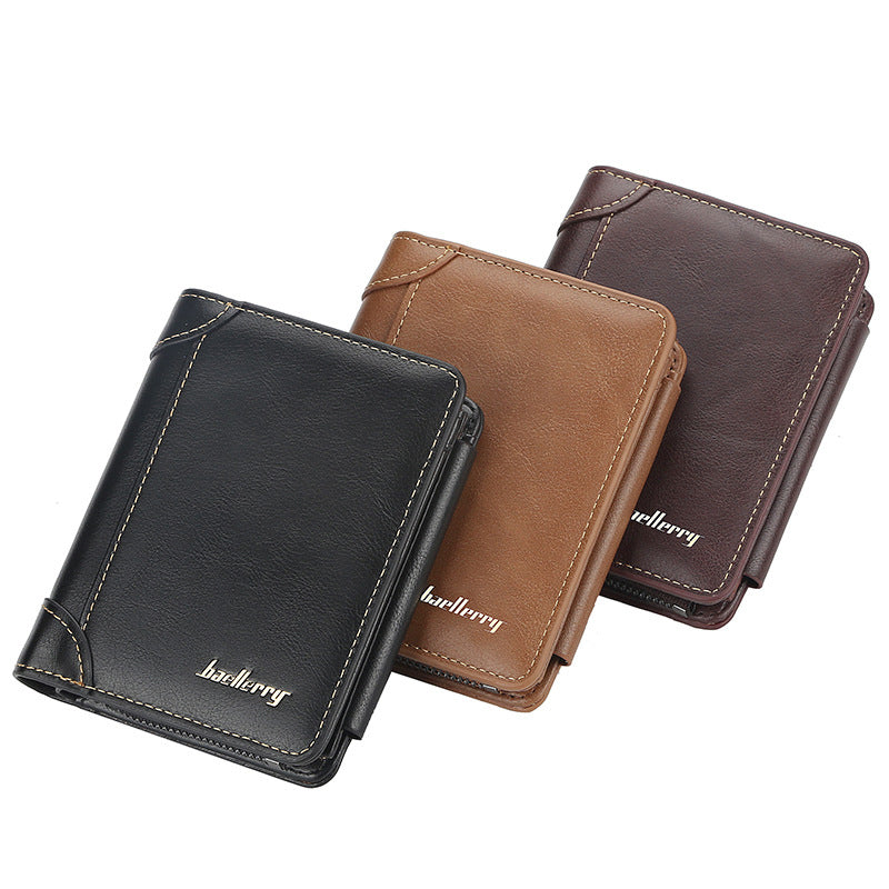 Men's Slim Leather Wallet Three-Fold Multi-Card Secure Zip Pocket RFID Blocking