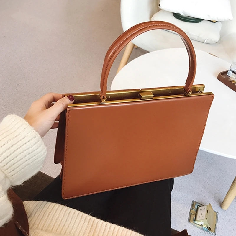 Vintage PU Leather Handbag Lock Buckle Underarm Bag Strap Women's Bags