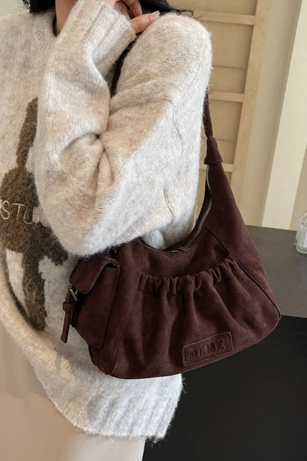 Suede Ruched Handbag Zipper Closure Elegant Evening Purse Spacious Accessory Storage