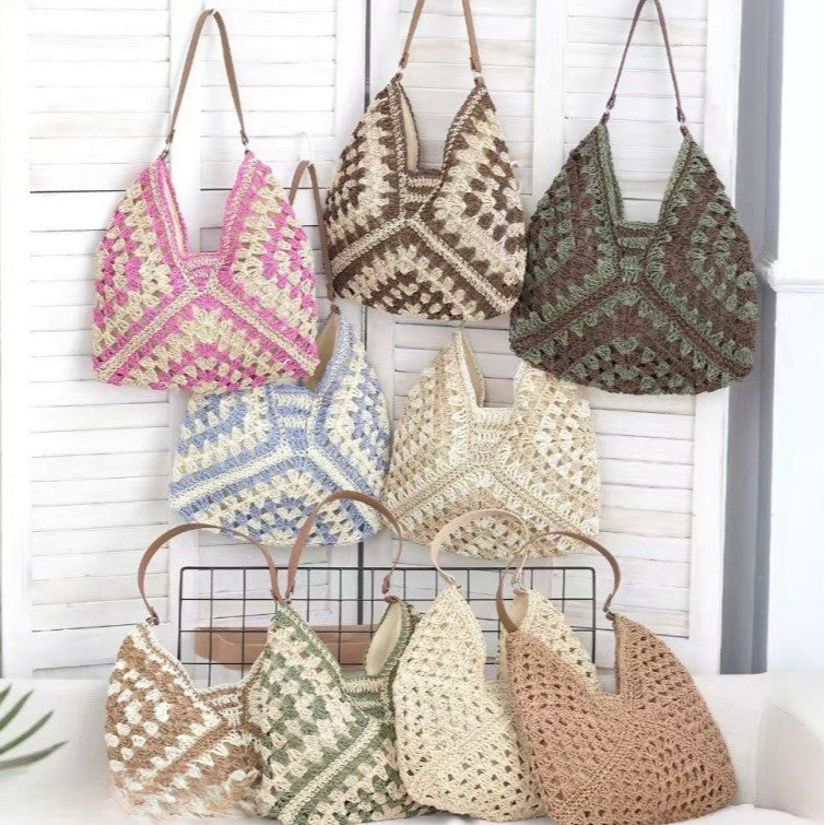 Straw Woven Shoulder Bag Armpit Style Hollow Out Single Strap Medium Purse Handbag