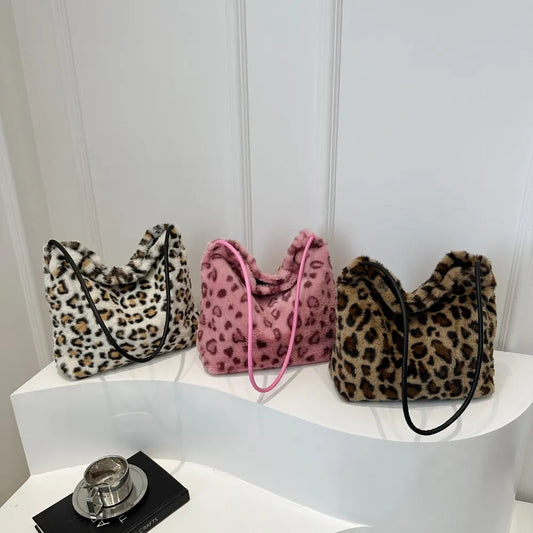 Leopard Print Shoulder Bag Furry Crossbody Spacious Lightweight Stylish Accessory