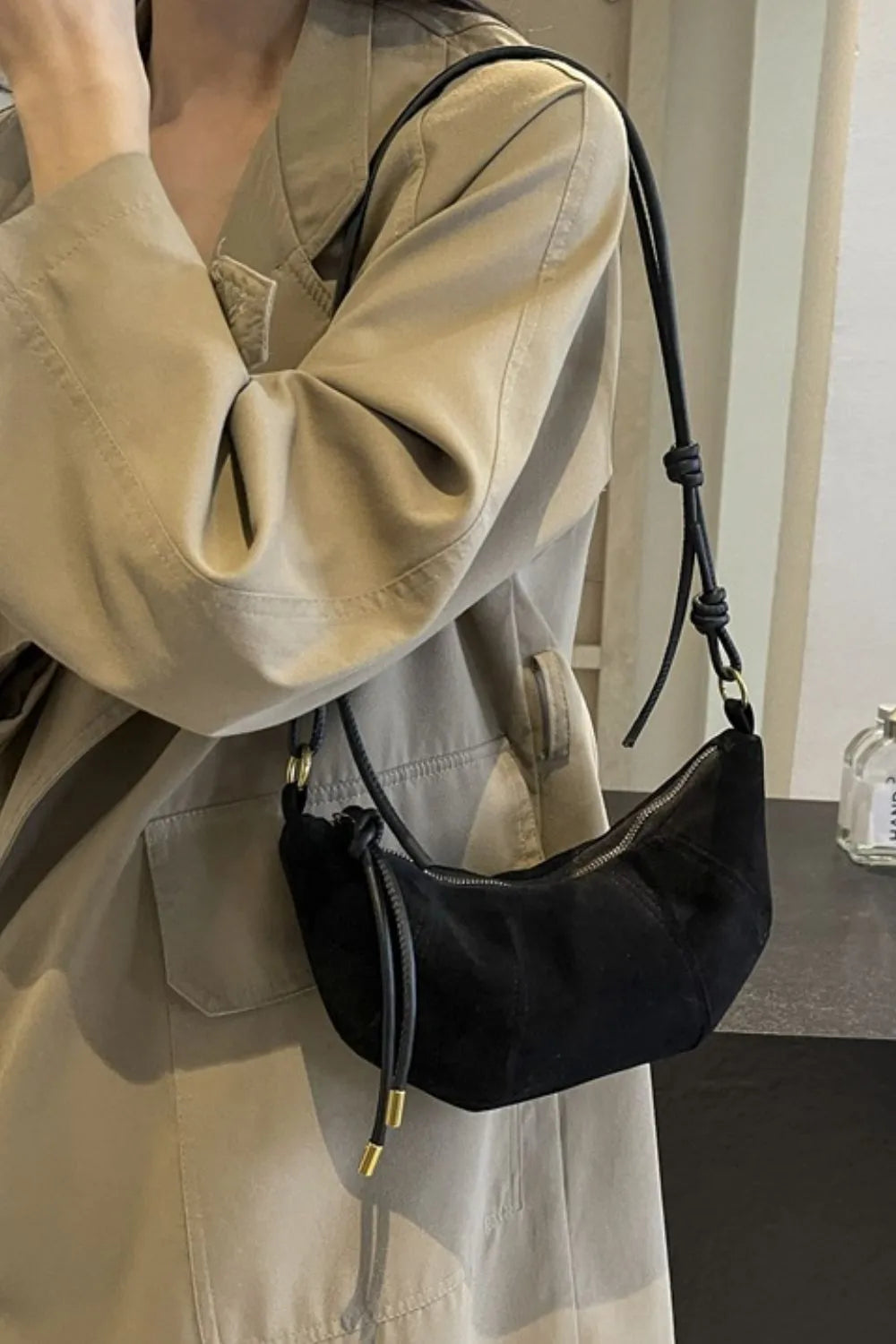 Suede Shoulder Bag Faux Leather Strap Women's Zip Closure Spacious Interior
