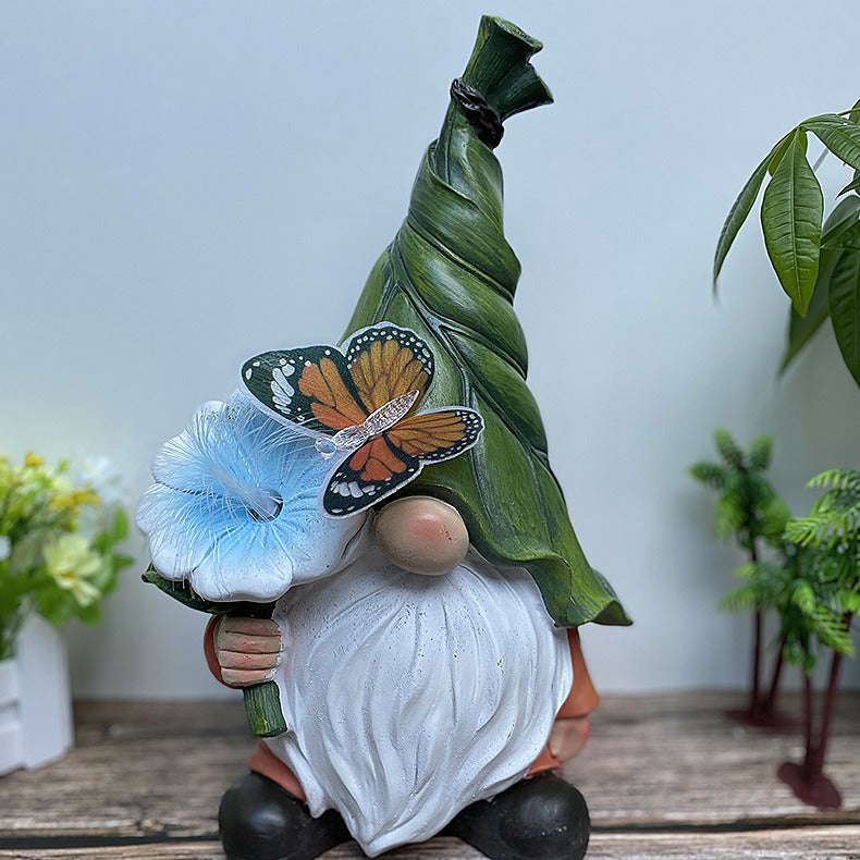 Solar Powered Garden Gnome Lamp, Resin Outdoor Decor with Flower and Butterfly
