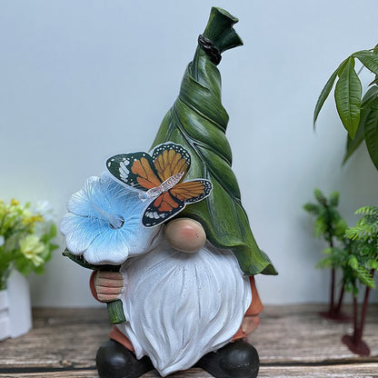 Solar Powered Garden Gnome Lamp, Resin Outdoor Decor with Flower and Butterfly