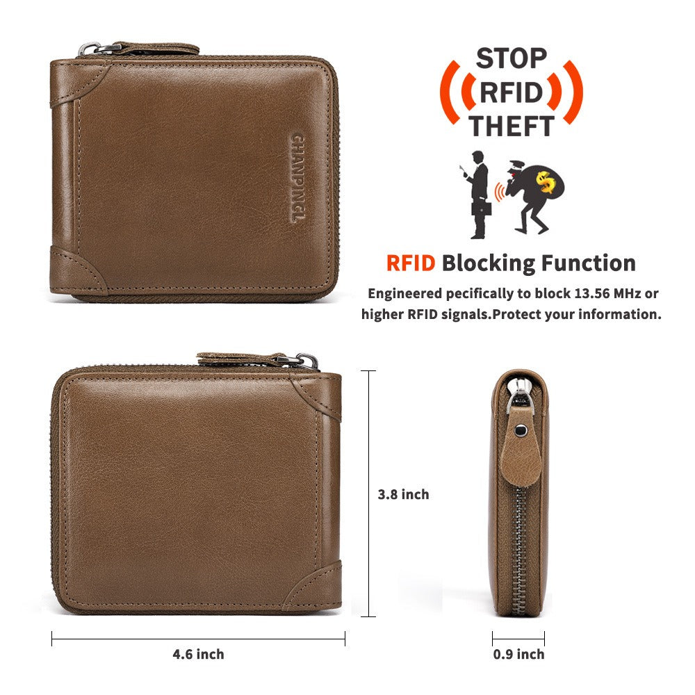Men's Genuine Leather Zip Wallet Multi-Function Horizontal Style RFID Blocking