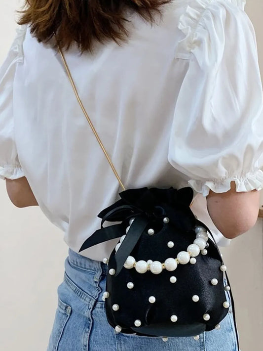 Pearl Embellished Bucket Bag Spacious Nylon Drawstring Closure Faux Leather Trim