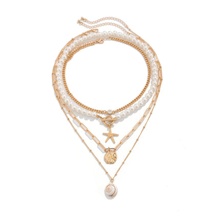 Beach Theme Beaded Necklace Layered Pearl Starfish Shell Jewellery
