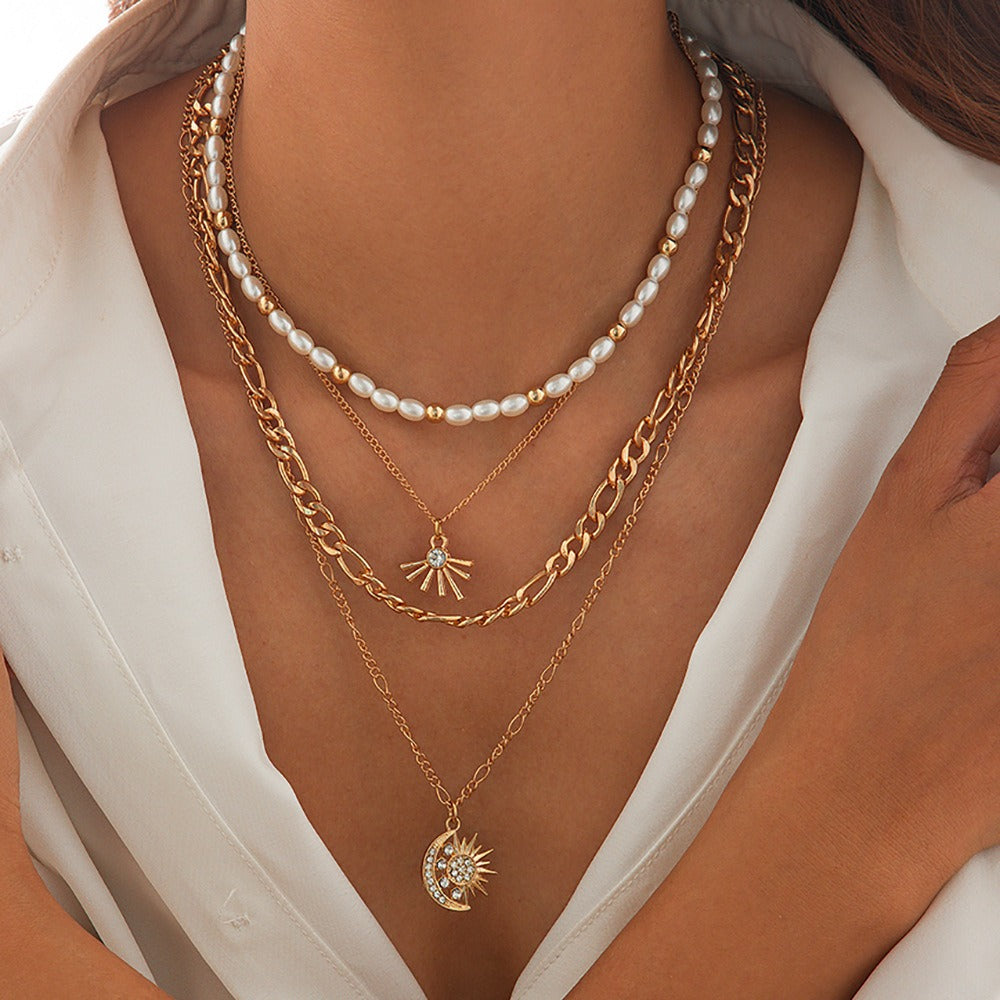 Retro Multi-Layer Pearl Necklace Dangle Pendant Gold Womens Jewellery