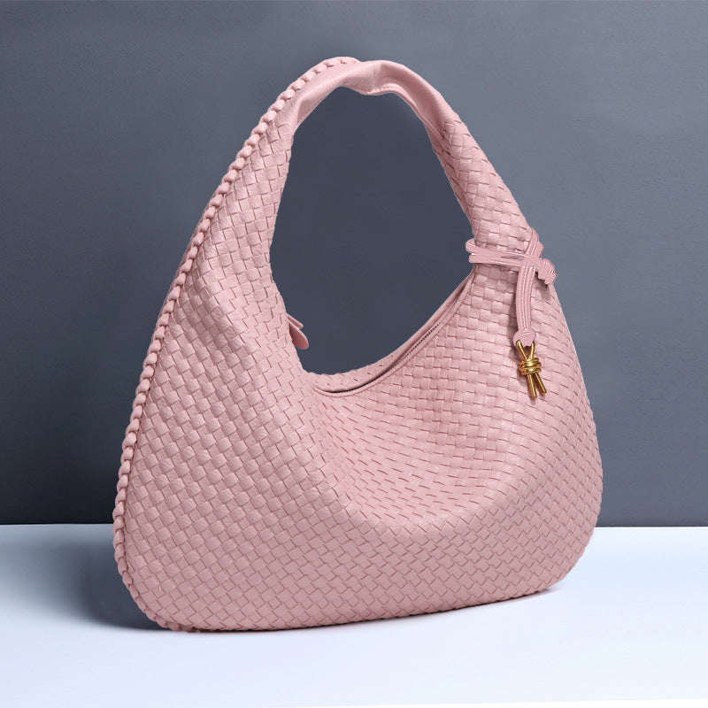 Large Women's Crescent Woven Handbag Zip Closure Daily Use Bag