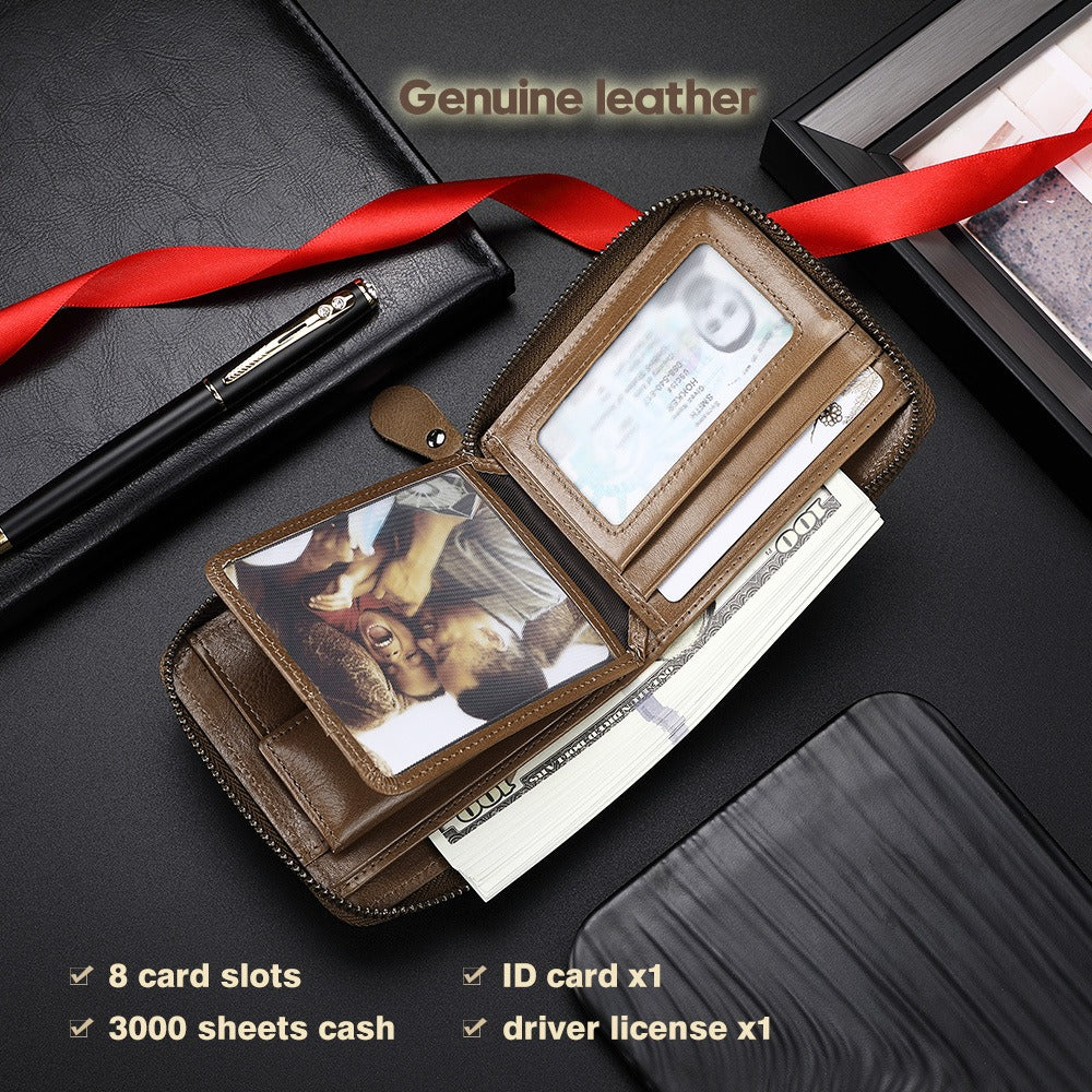 Men's Genuine Leather Zip Wallet Multi-Function Horizontal Style RFID Blocking