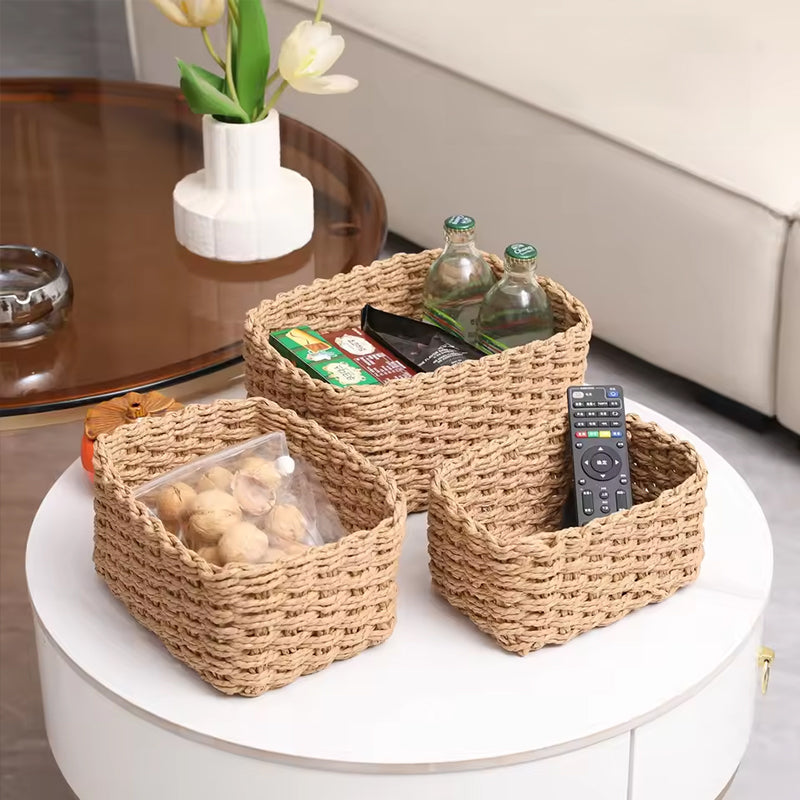 3 Piece Straw Woven Paper Rope Storage Baskets Rectangular Two Compartment Set