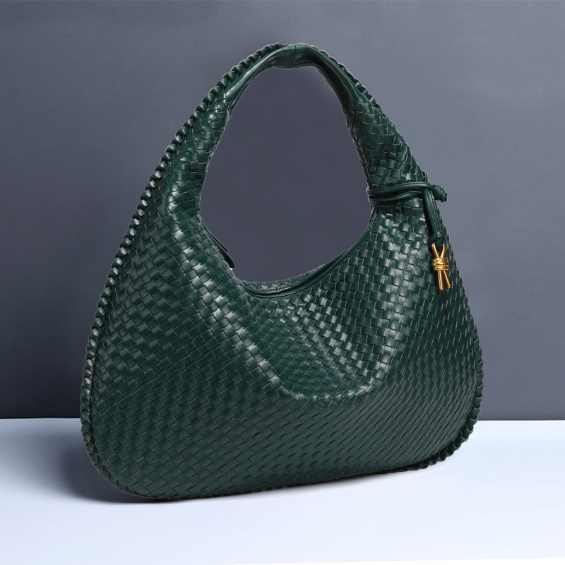 Large Women's Crescent Woven Handbag Zip Closure Daily Use Bag