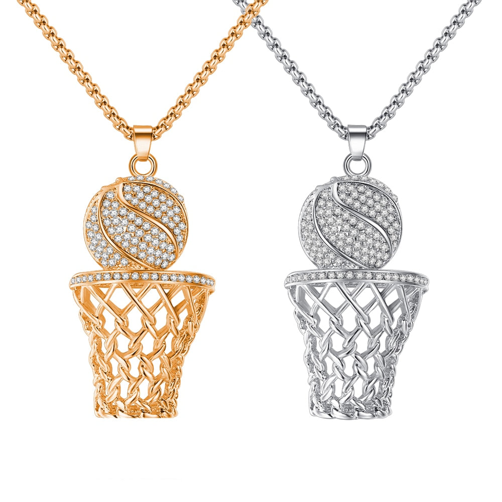 Men's Iced Out Crystal Basketball Pendant Necklace Gold Silver Hip Hop