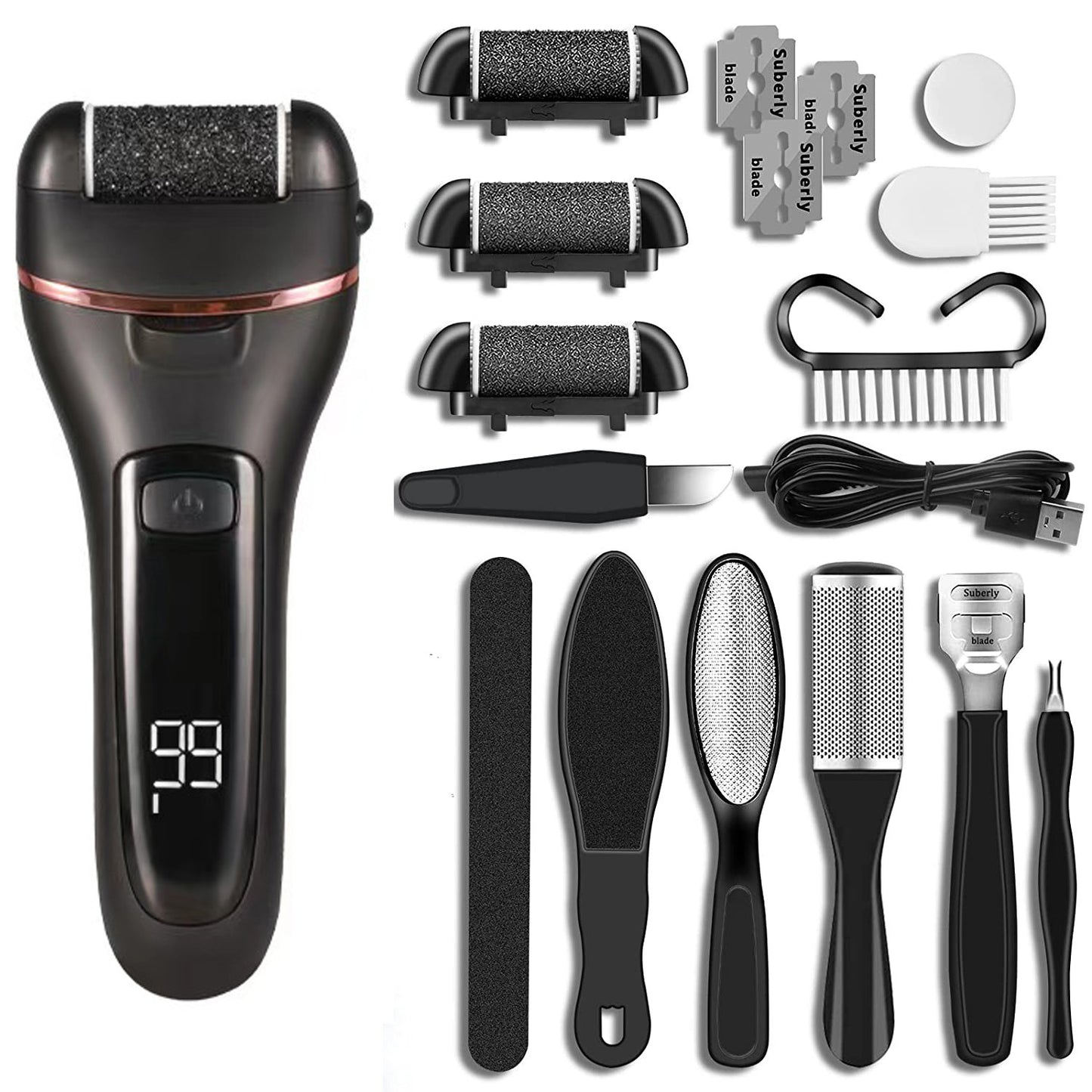 Rechargeable Electric Foot Grinder + 10pc Pedicure Tool Set Callus Remover