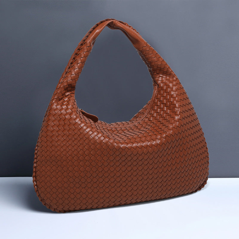Large Women's Crescent Woven Handbag Zip Closure Daily Use Bag