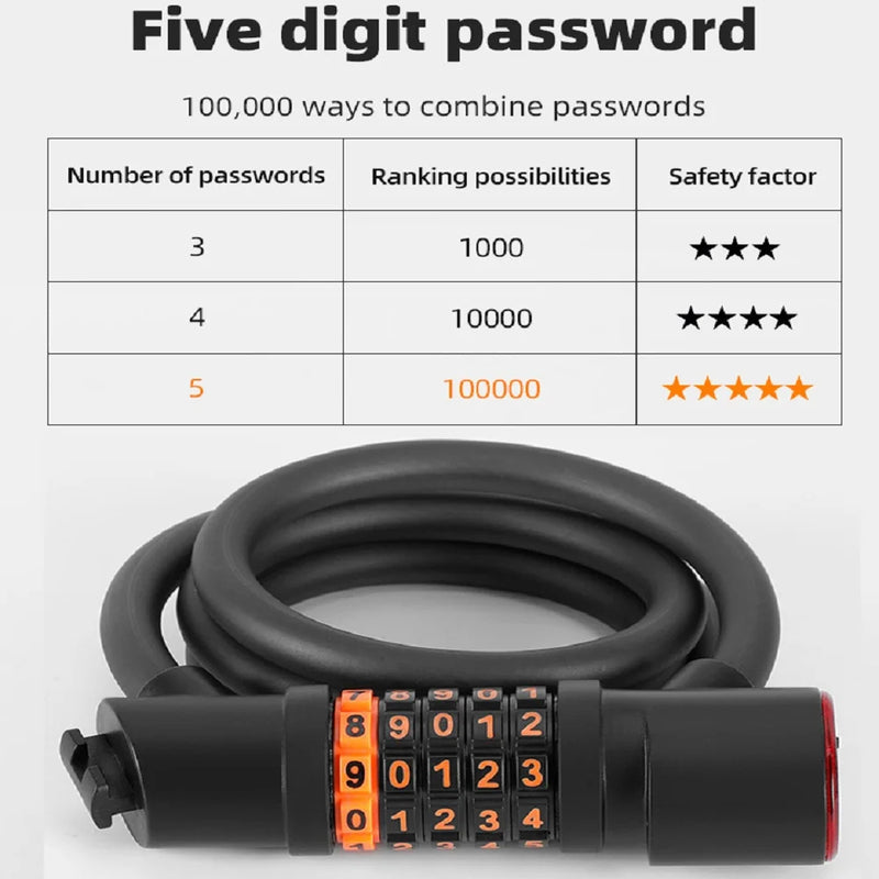 Bike Lock Steel Cable PVC Coated 5-Digit Combination LED Light 260mAh Battery 1.2m