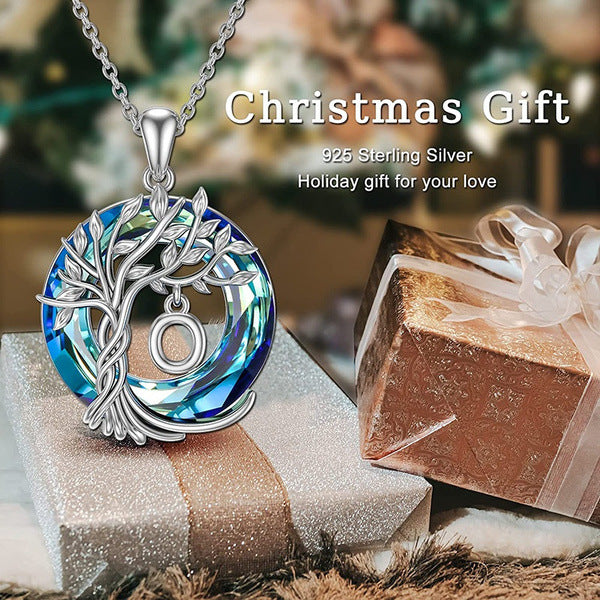 Initial Letter Tree of Life Blue Austrian Crystal Necklace Women's Jewellery