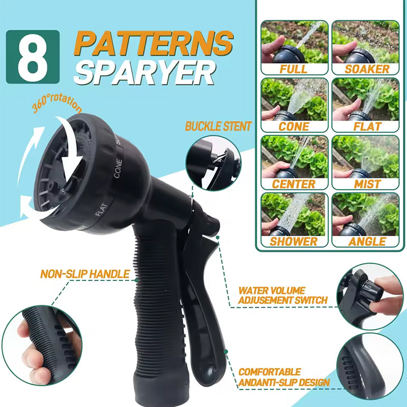 Expandable Garden Hose 25ft 100ft Kink Free Black Adjustable Spray Nozzle Set