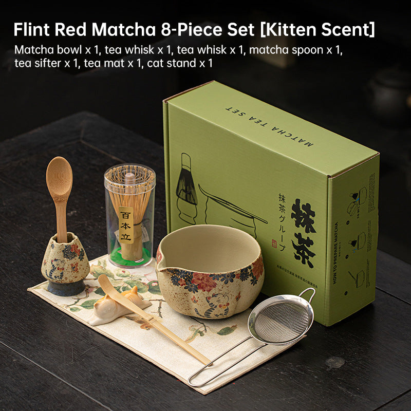 Japanese Flint Red Matcha Tea Kit 2-8 Pieces Bamboo Whisk Ceramic Bowl Storage