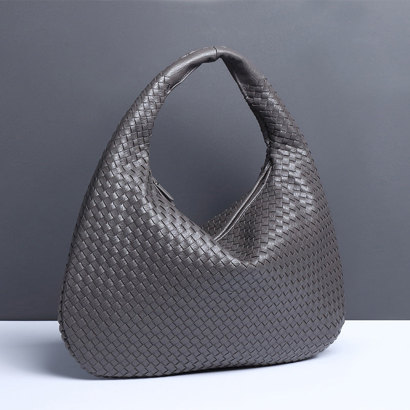Large Women's Crescent Woven Handbag Zip Closure Daily Use Bag