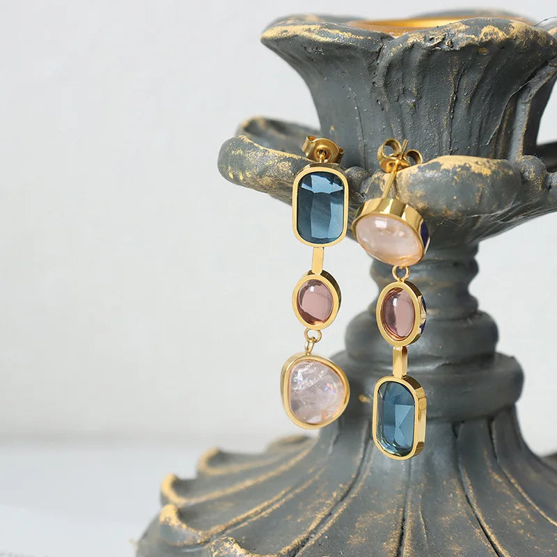 Contrasting Crystal Glass Stone Inlaid Earrings Elegant Design Chic Jewelry