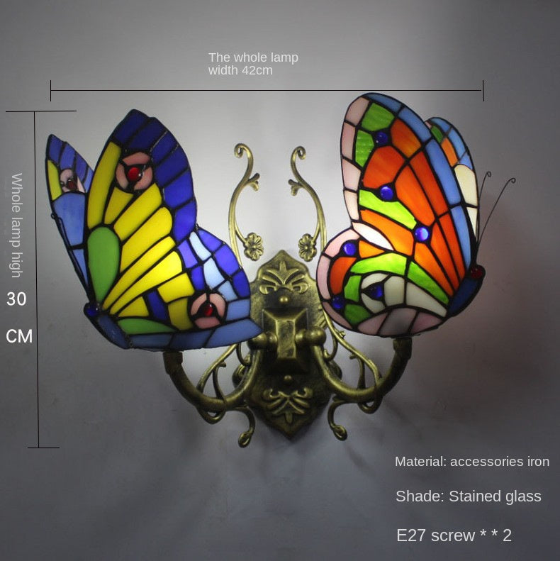 Home Butterfly LED Wall Lamp Stained Glass European Countryside Style Lighting