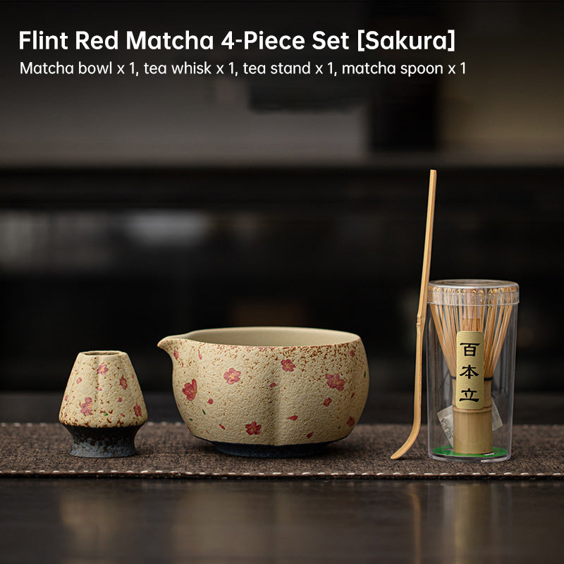 Japanese Flint Red Matcha Tea Kit 2-8 Pieces Bamboo Whisk Ceramic Bowl Storage
