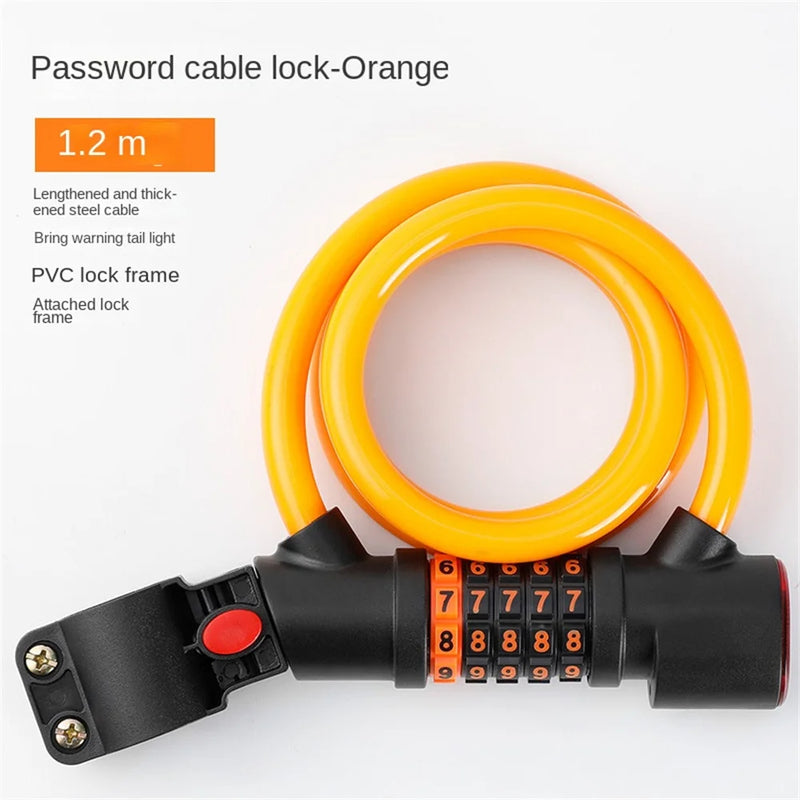 Bike Lock Steel Cable PVC Coated 5-Digit Combination LED Light 260mAh Battery 1.2m