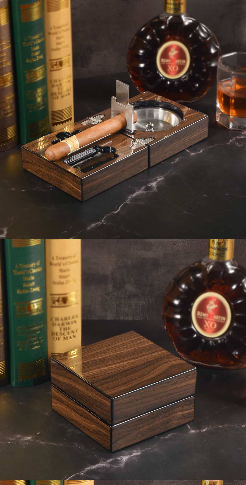 Walnut Wood Cigar Ashtray Set with Cutter Holder Drill Ashtray Compact Design Gift