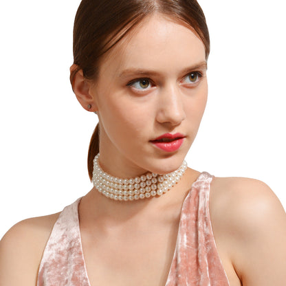 4 Row White Round Pearl Choker Necklace Women's Jewellery Jewelry