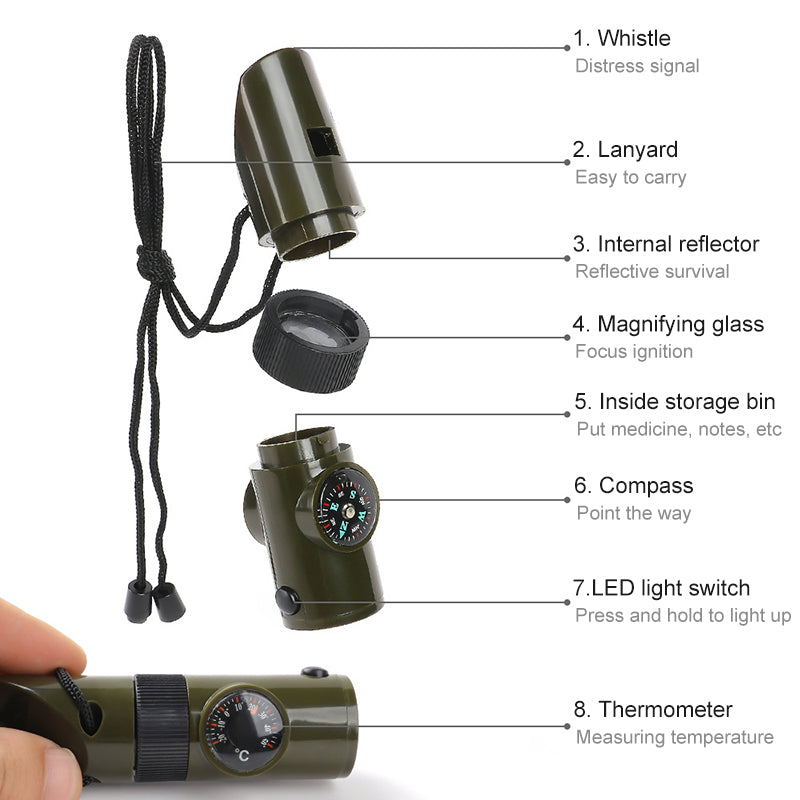 7-in-1 Survival Whistle LED Light Compass Thermometer Outdoor Emergency Gear