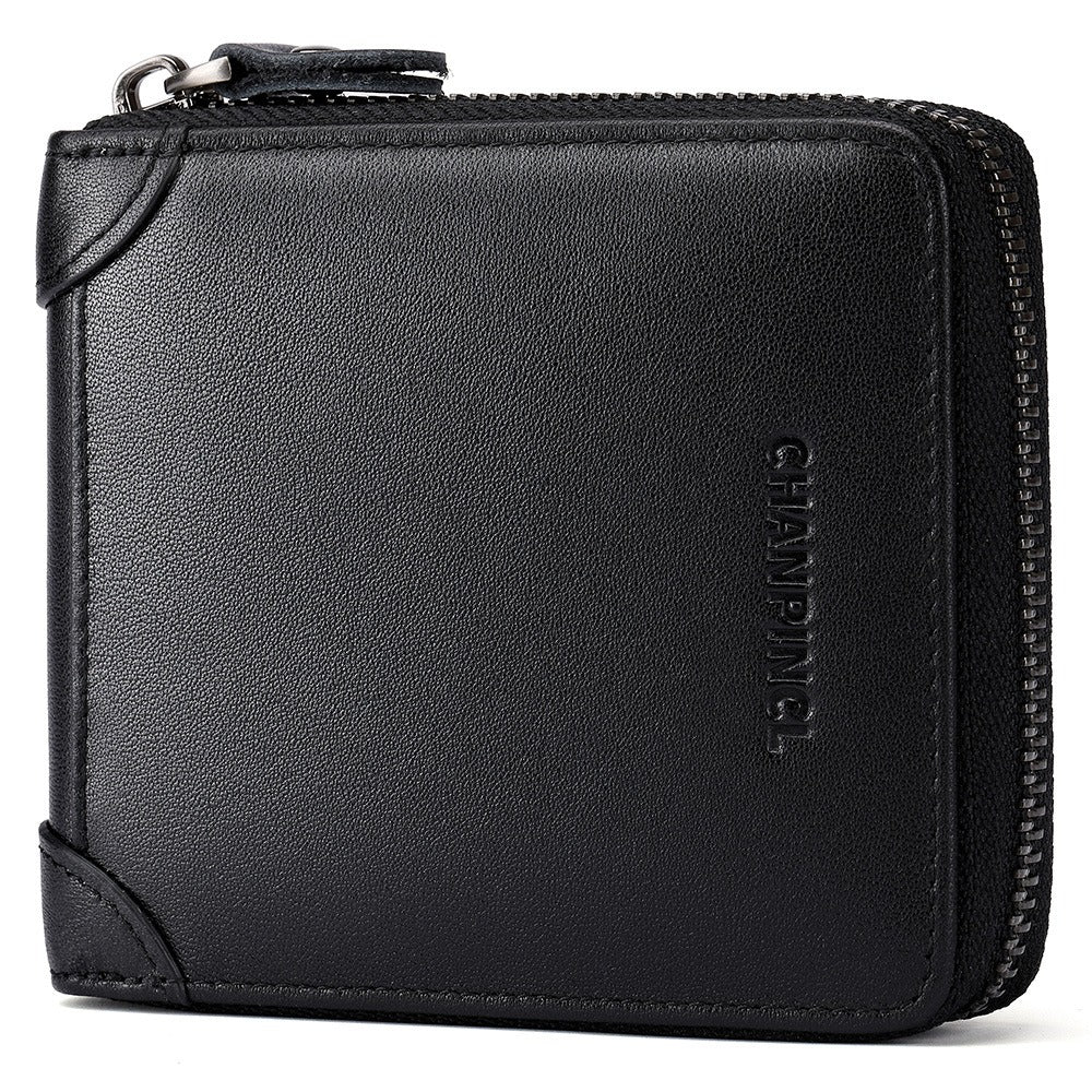 Men's Genuine Leather Zip Wallet Multi-Function Horizontal Style RFID Blocking