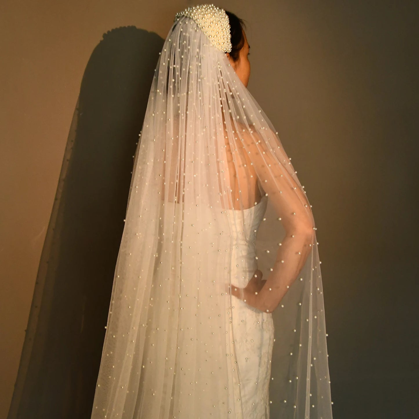Cathedral Wedding Veil Premium Pearl Embellishments Elegant Bridal Accessory
