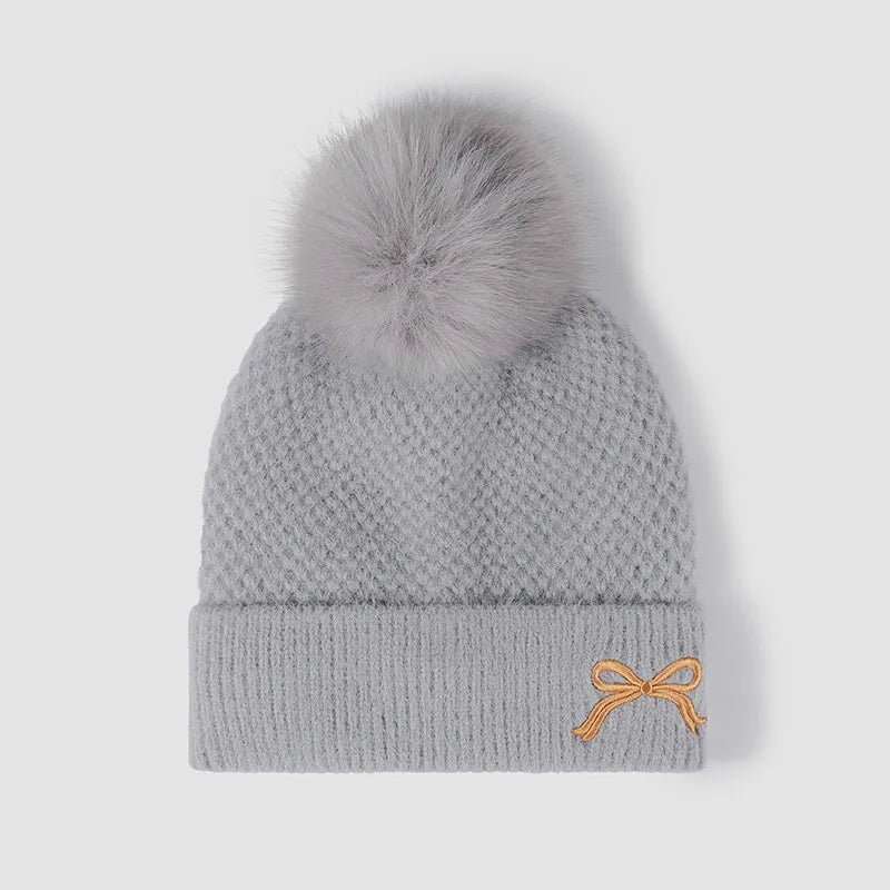 Thermal Knit Hat Pompom Embellishment Winter Accessory Cozy Elegant Headgear