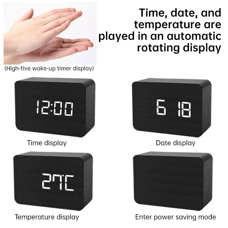 Voice-Controlled Wooden LED Desk Clock USB Battery Date Temperature Features