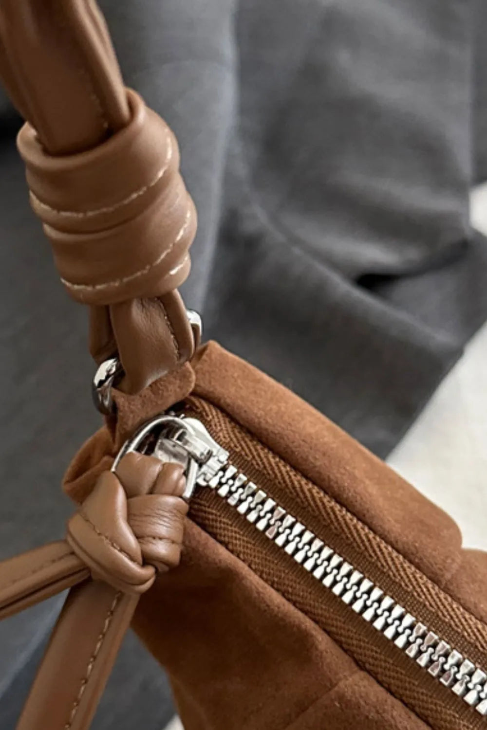 Suede Croissant Shoulder Bag Small Velvet Polyester Zip Strap Handbag 25.5cm