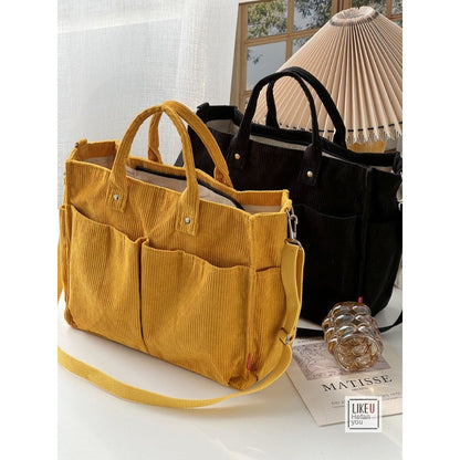 Womens Autumn Winter Corduroy Shoulder Tote Multi-Pocket Durable Spacious Bag