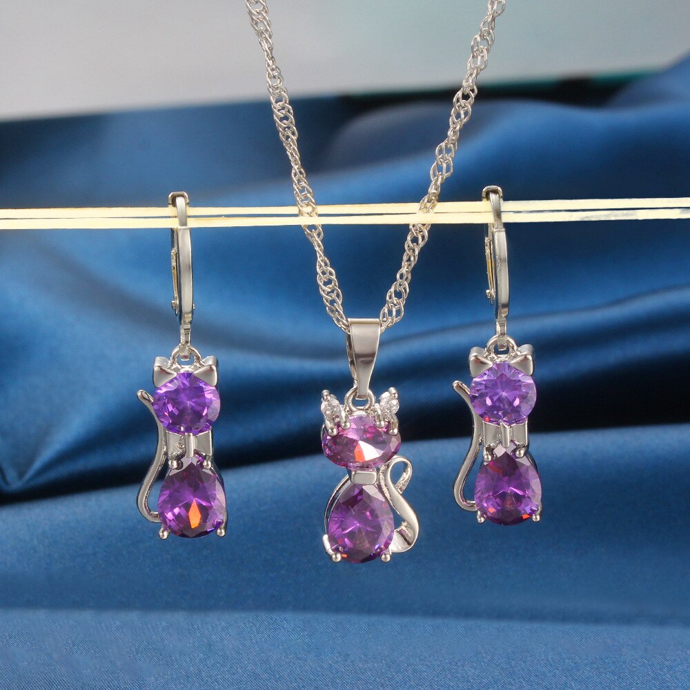 Women’s Cat Shape Jewellery Set Necklace Earrings Jewelry Gift Kitten Dangle