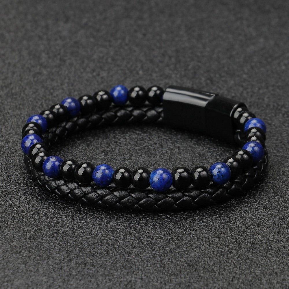 Volcanic Natural Stone Tiger Eye Beaded Bracelet Male Cowhide Rope Agate Handwear