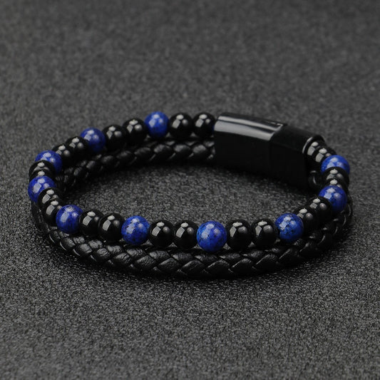 Volcanic Natural Stone Tiger Eye Beaded Bracelet Male Cowhide Rope Agate Handwear