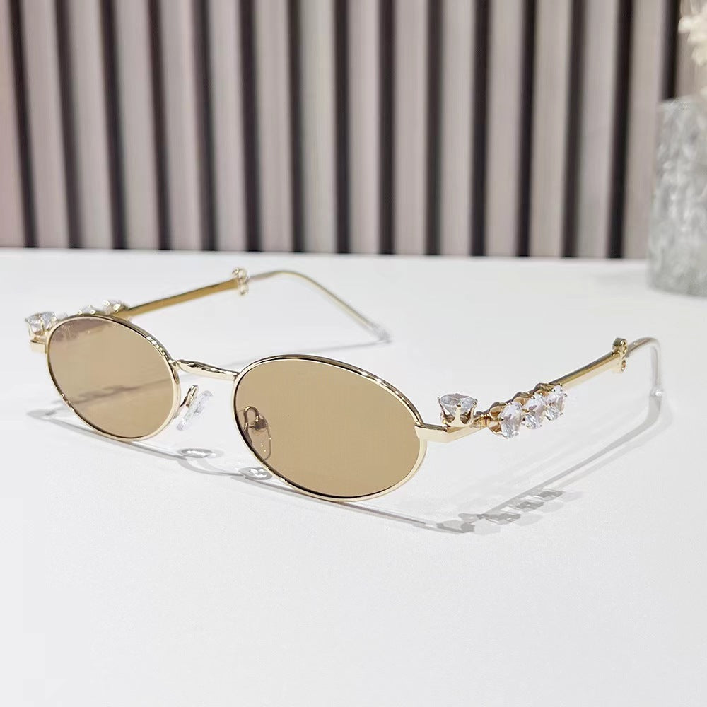 Women's Oval Frame Anti-Blue Light Glasses with Metal Inlay and Rhinestone Detail