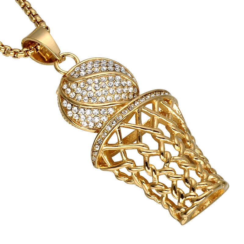 Men's Iced Out Crystal Basketball Pendant Necklace Gold Silver Hip Hop