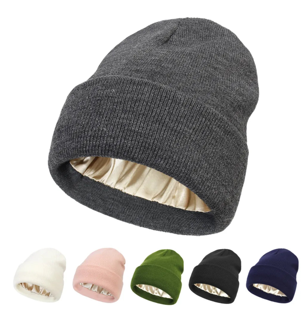 Satin Lined Beanie Hat for Women & Men, Warm Winter Cap, Silk-Lined Knit