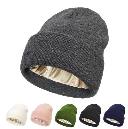 Satin Lined Beanie Hat for Women & Men, Warm Winter Cap, Silk-Lined Knit