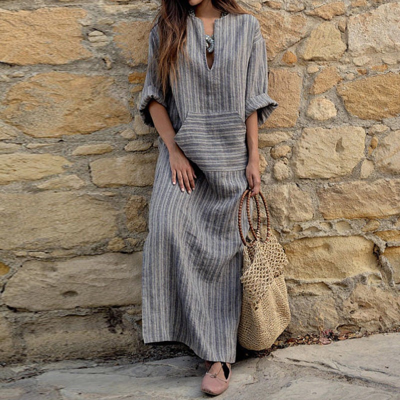 Women's Cotton Linen Blend Striped Maxi Dress Loose Fit Long Sleeve Casual Style