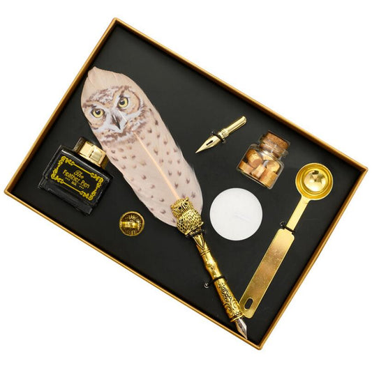 Luxury Owl Feather Quill Pen & Ink Set with Retro Seal Stamp & Accessories