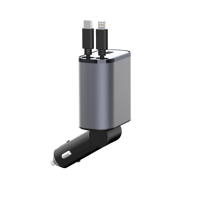 4-in-1 Retractable Car Charger 100W Fast Charging Alloy Type-C 3 Pin USB