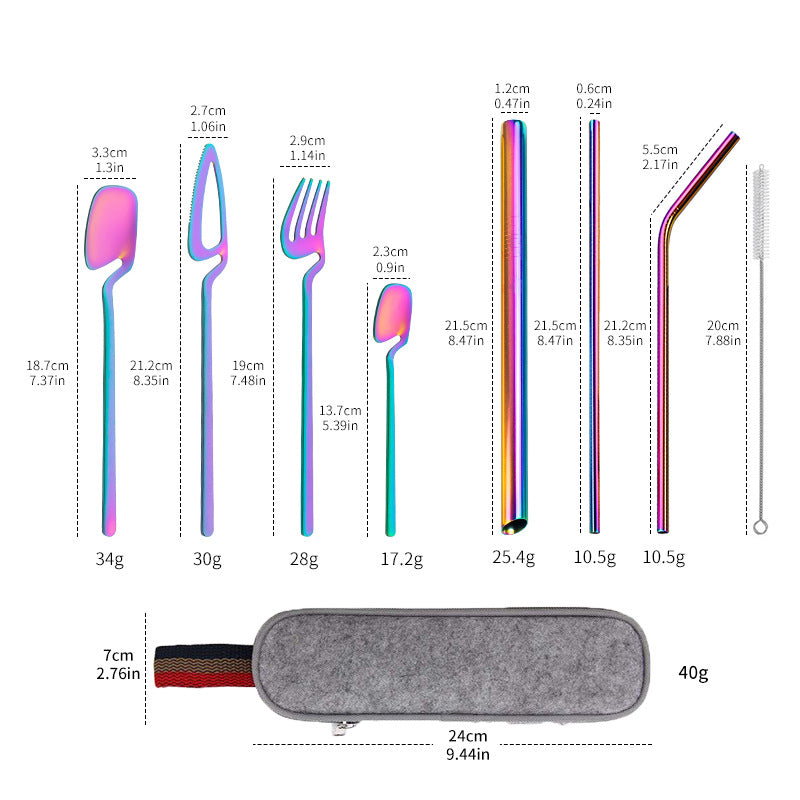 304 Stainless Steel Reusable Travel Utensil Cutlery Set Portable Straw Kit Case