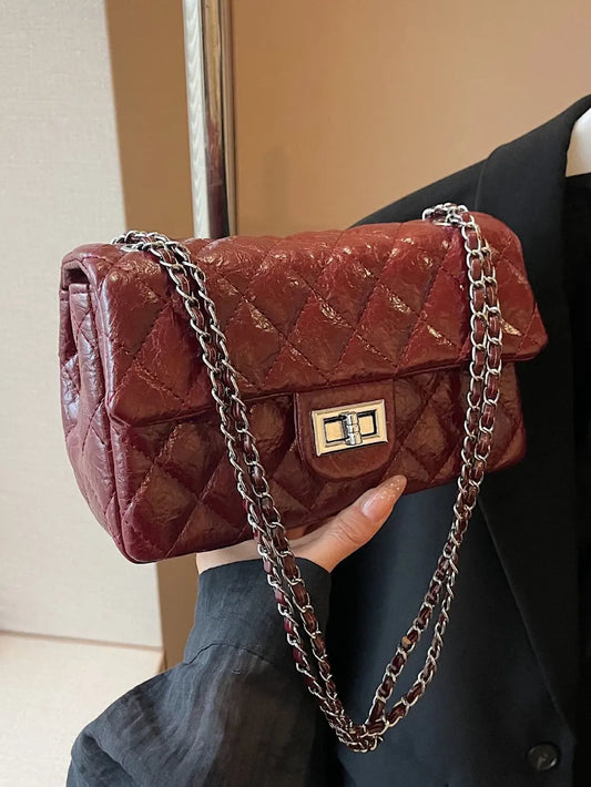 Synthetic Leather Rhombus Pattern Twist Lock Crossbody Shoulder Bag Women's Fashion