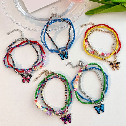 Multi-Layer Handmade Beaded Butterfly Dangle Floral Anklet Crystal Jewellery